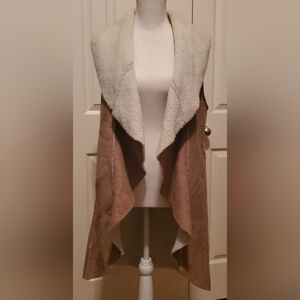 Cherish Tan Faux Suede Long Vest Duster Shearling Draped Penny Lane Boho Size S